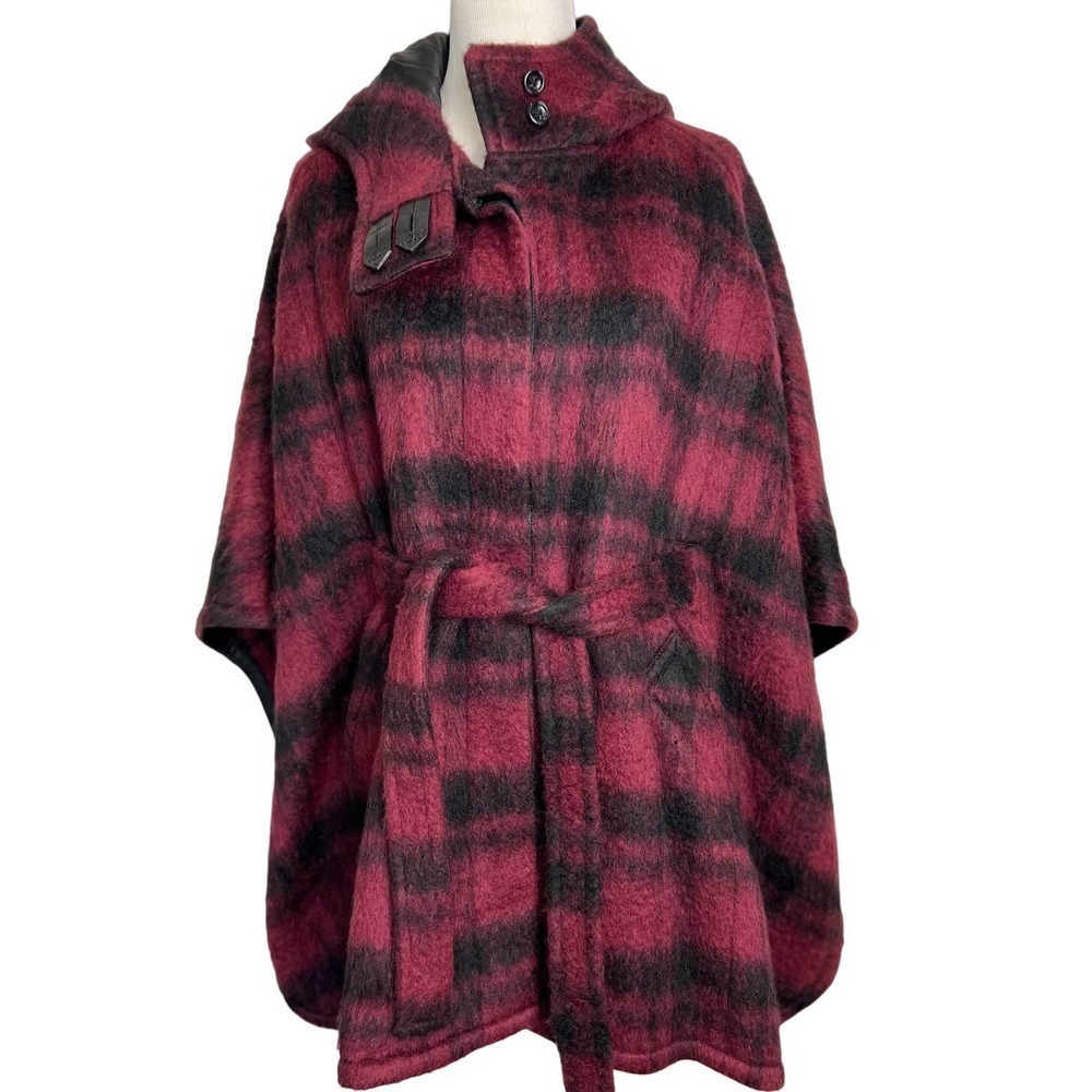 COACH PLAID CAPE Wool/Alpaca/Leather w/ Belt Pockets Burgundy/Black Poncho M/L